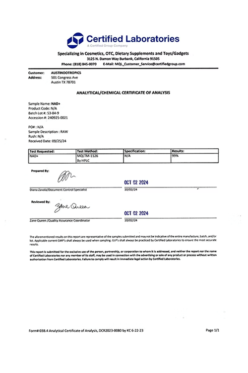 Austinootropics NAD Sublıngual Nicotinamide Adenine Dinucleotide Pure Potency 20 grams 250mg 80 Servis.Abd Menşei
