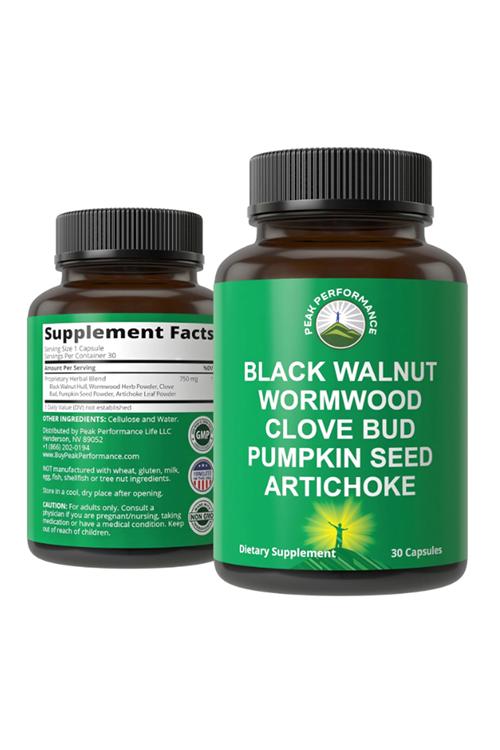 Peak Performance Wormwood Black Walnut Clove Cleanse Elimination Detox + Intestinal Artichoke and Pumpkin Seed for Additional Benefits 30 Capsul.