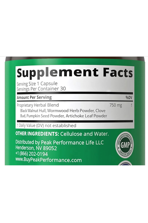 Peak Performance Wormwood Black Walnut Clove Cleanse Elimination Detox + Intestinal Artichoke and Pumpkin Seed for Additional Benefits 30 Capsul.