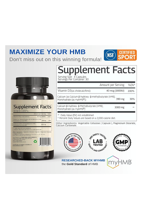 VINATURA HMB 3000mg and Vitamin D3 Muscle Growth  Recovery - Vitamin D3 (1600 IU) - 120 Capsules.Usa Menşei.