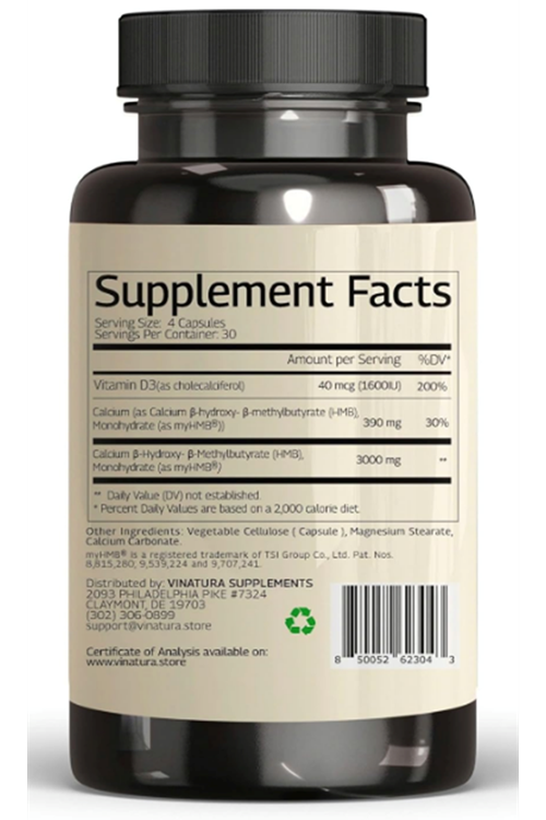VINATURA HMB 3000mg and Vitamin D3 Muscle Growth  Recovery - Vitamin D3 (1600 IU) - 120 Capsules.Usa Menşei.