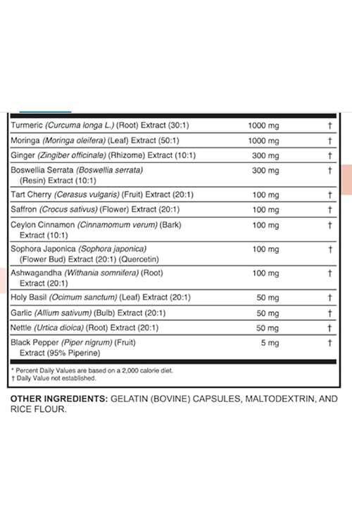 Clean Nutraceuticals Turmeric Moringa Ginger Boswellia Saffron  Ceylon Cinnamon, Tart Cherry, Quercetin Garlic Nettle Holy Basil 120 Capsul.