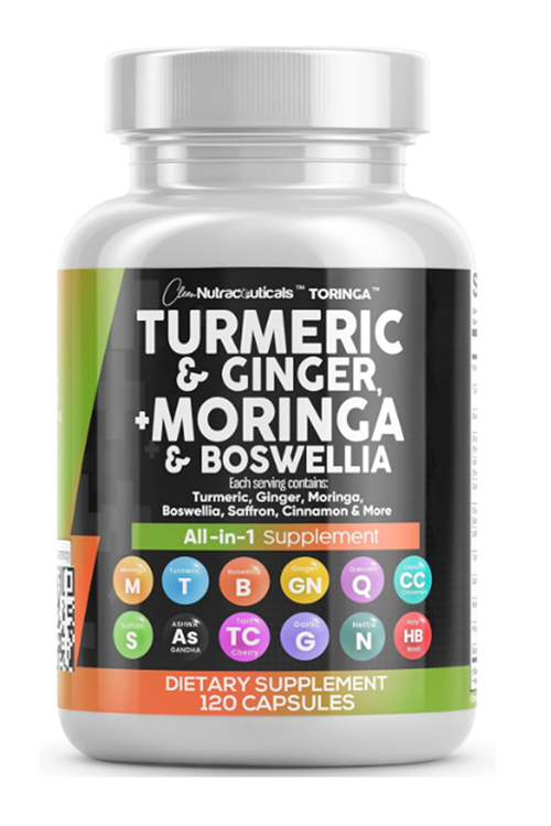 Clean Nutraceuticals Turmeric Moringa Ginger Boswellia Saffron  Ceylon Cinnamon, Tart Cherry, Quercetin Garlic Nettle Holy Basil 120 Capsul.