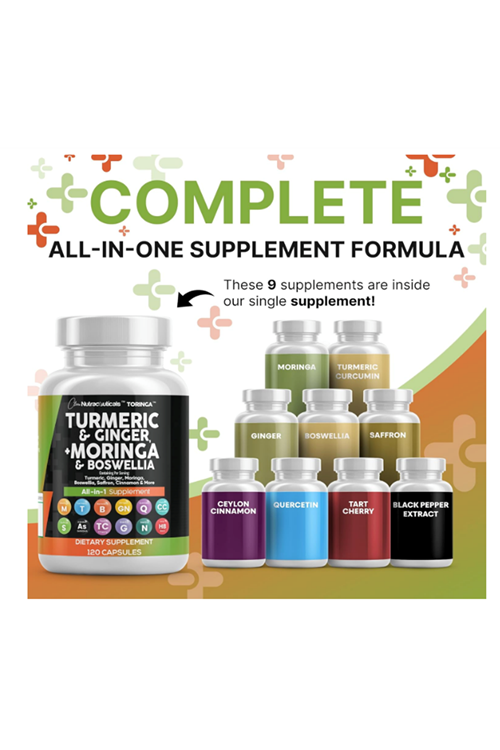 Clean Nutraceuticals Turmeric Moringa Ginger Boswellia Saffron  Ceylon Cinnamon, Tart Cherry, Quercetin Garlic Nettle Holy Basil 120 Capsul.