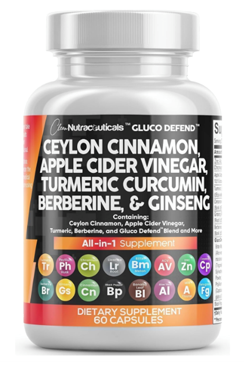 Clean Nutraceuticals Ceylon Cinnamon + Berberine Turmeric Apple Cider Vinegar Ginseng Bitter Melon Gymnema Milk Thistle Fenugreek 60 Capsul.