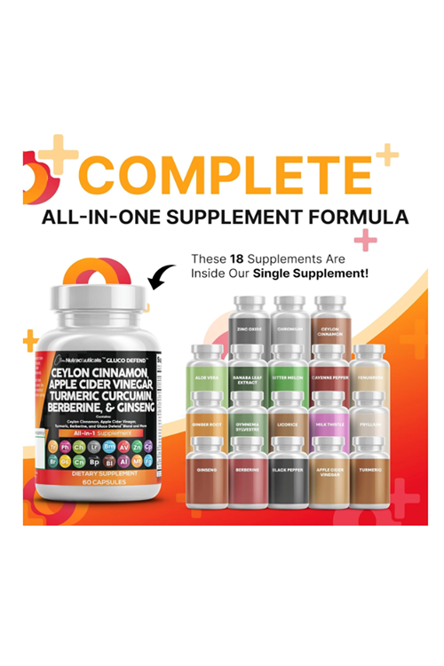 Clean Nutraceuticals Ceylon Cinnamon + Berberine Turmeric Apple Cider Vinegar Ginseng Bitter Melon Gymnema Milk Thistle Fenugreek 60 Capsul.