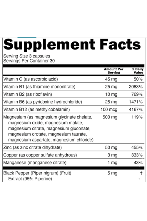 Clean Nutraceuticals Magnezyum Complex with Magne Glycinate Citrate Malate Oxide Taurate Aspartate Orotate  Mag Chloride, Zinc Copper Manganese  Vitamin C B1 B2 B6 B12 Complex 90 Capsul.