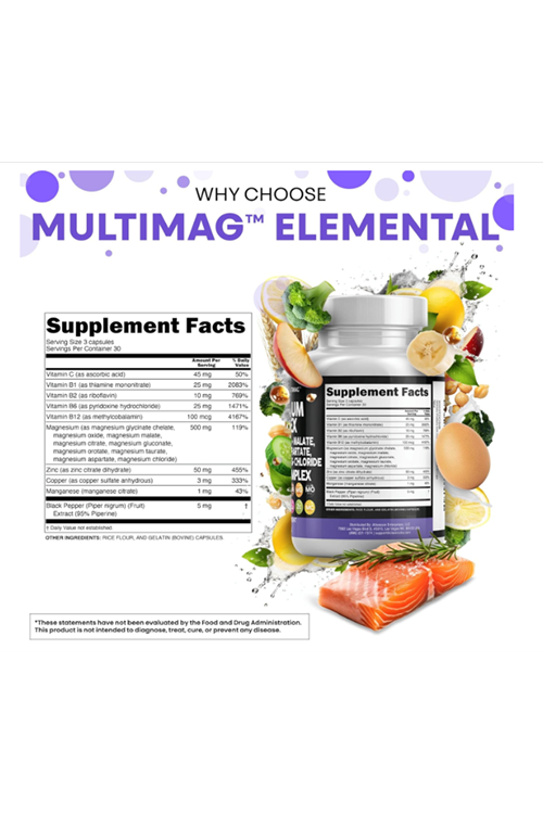 Clean Nutraceuticals Magnezyum Complex with Magne Glycinate Citrate Malate Oxide Taurate Aspartate Orotate  Mag Chloride, Zinc Copper Manganese  Vitamin C B1 B2 B6 B12 Complex 90 Capsul.