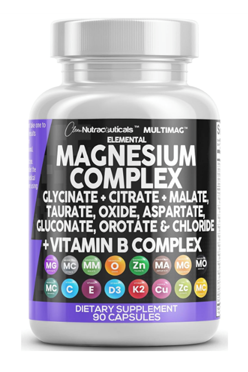 Clean Nutraceuticals Magnezyum Complex with Magne Glycinate Citrate Malate Oxide Taurate Aspartate Orotate  Mag Chloride, Zinc Copper Manganese  Vitamin C B1 B2 B6 B12 Complex 90 Capsul.