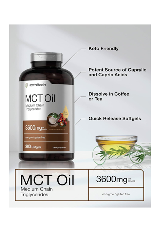 Horbäach MCT Oil Pills  3600mg  300 Softgel Keto from Coconut  with Caprylic  Capric Acid  Non-GMO and Gluten Free.
