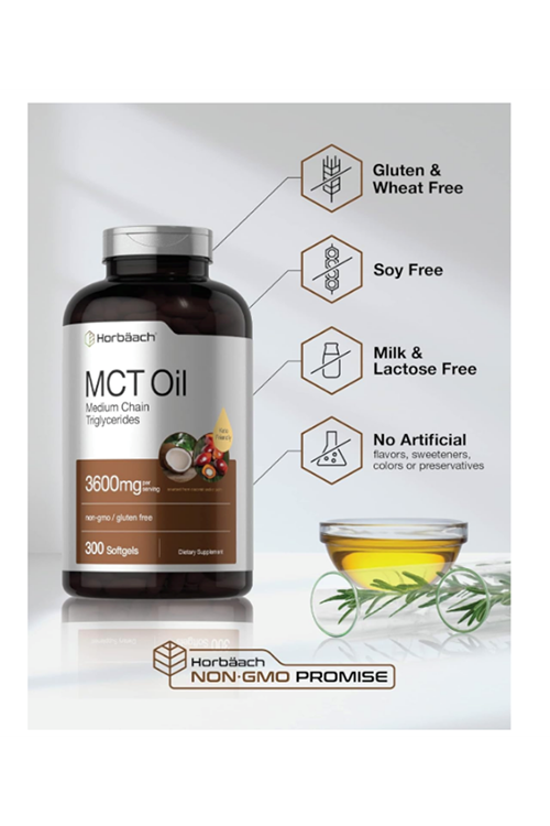 Horbäach MCT Oil Pills  3600mg  300 Softgel Keto from Coconut  with Caprylic  Capric Acid  Non-GMO and Gluten Free.