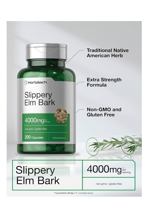 Horbäach Slippery Elm Bark 200 Capsules  Non-GMO  Gluten Free.