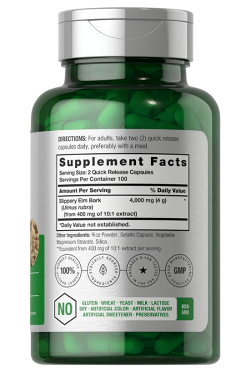 Horbäach Slippery Elm Bark 200 Capsules  Non-GMO  Gluten Free.