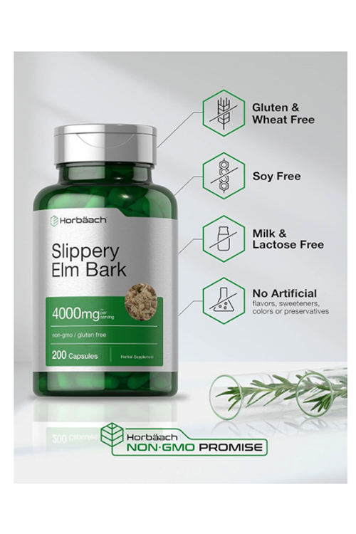 Horbäach Slippery Elm Bark 200 Capsules  Non-GMO  Gluten Free.