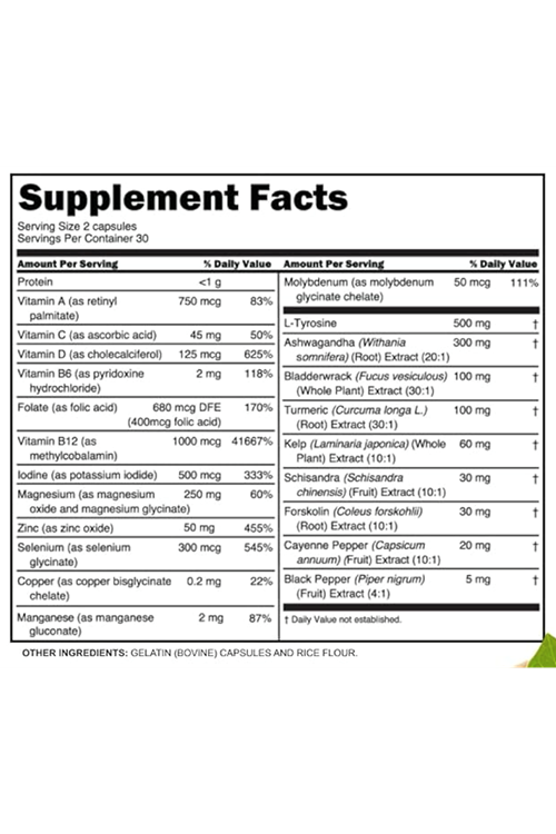 Clean Nutraceuticals Selenium 60 Capsul Iodine Thyroıd Support for Women  Men  L Tyrosine Aswagandha Bladderwrack, Turmeric, Kelp, Schisandra Zinc.