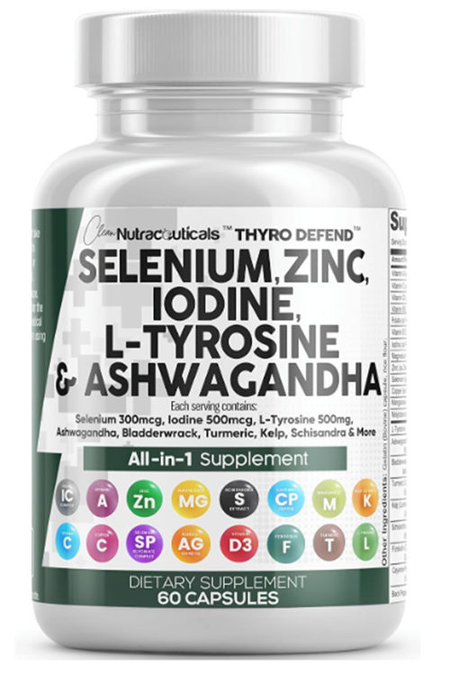 Clean Nutraceuticals Selenium 60 Capsul Iodine Thyroıd Support for Women  Men  L Tyrosine Aswagandha Bladderwrack, Turmeric, Kelp, Schisandra Zinc.
