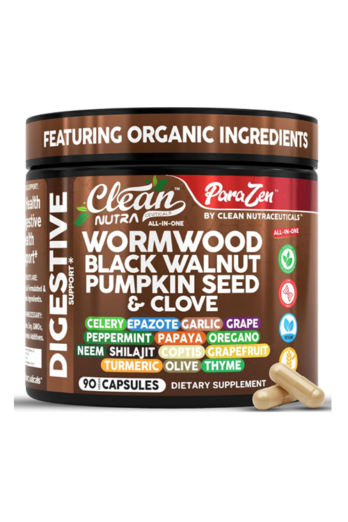 Clean Nutraceuticals  Wormwood Black Walnut Pumpkin Seed 90 Capsul Clove Oil Celery Garlic Grape Papaya Neem Diatomaceous Earth Womens Probiotic Gut Health Cleanse Detox Oregano Olive Turmeric
