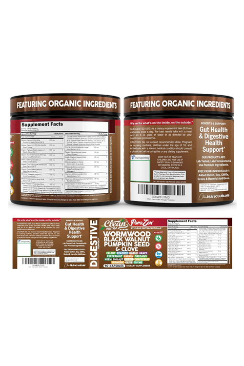 Clean Nutraceuticals  Wormwood Black Walnut Pumpkin Seed 90 Capsul Clove Oil Celery Garlic Grape Papaya Neem Diatomaceous Earth Womens Probiotic Gut Health Cleanse Detox Oregano Olive Turmeric