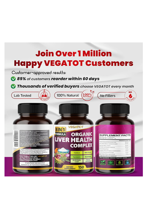 VEGATOT Liver Health Complex Formula 150 Capsul High Potency with TUDCA, Milk Thistle, Beet Root, Artichoke Leaf, Panax Ginseng, Astragalus, Tumeric -Clean  Detox Formula
