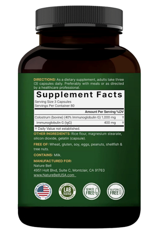 NatureBell Bovine Colostrum 1,000mg  240 Capsules  40% IgG Colostrum for Gut Health, Bloating, Skin, Hair Immune Support.