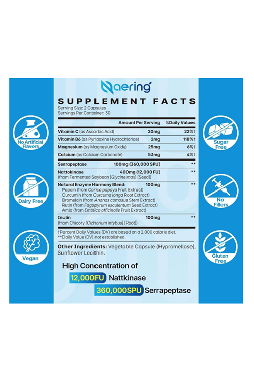 Naering Liposomal Nattokinase 12,000 FU Serrapeptase 360,000 SPU Enzyme - Enriched with Synergistic Enzymes and Nutrient Blend  Inulin for Circulatory, Gut, Digestion 60 Capsules.