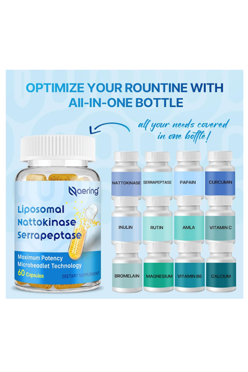 Naering Liposomal Nattokinase 12,000 FU Serrapeptase 360,000 SPU Enzyme - Enriched with Synergistic Enzymes and Nutrient Blend  Inulin for Circulatory, Gut, Digestion 60 Capsules.