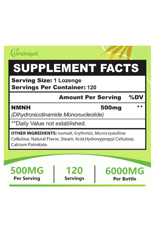 Ursinquil Sublingual NMNH 500mg  NAD Supplement to Boost NAD Levels as We Age, for Anti-Aging, Energy, Immunity, Focus - 120 Lozanges Tablet.Made In Usa.