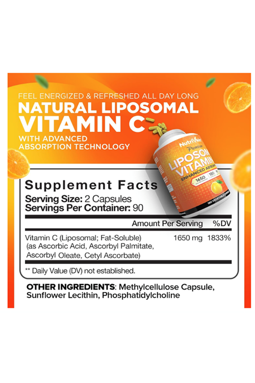 Nutrivein Premium Liposomal Vitamin C 1650mg - 180 Caps: High-Absorption High Dose Vitamin C.Made ın Usa.