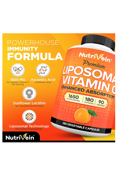 Nutrivein Premium Liposomal Vitamin C 1650mg - 180 Caps: High-Absorption High Dose Vitamin C.Made ın Usa.