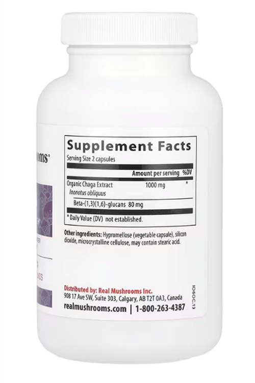 Real Mushrooms Chaga Mushroom – Organic Chaga Extract with Extract for Wellness  Energy Support Vegan, Non-GMO, 120 Capsules.