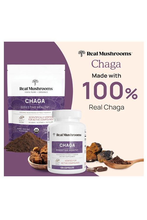 Real Mushrooms Chaga Mushroom – Organic Chaga Extract with Extract for Wellness  Energy Support Vegan, Non-GMO, 120 Capsules.