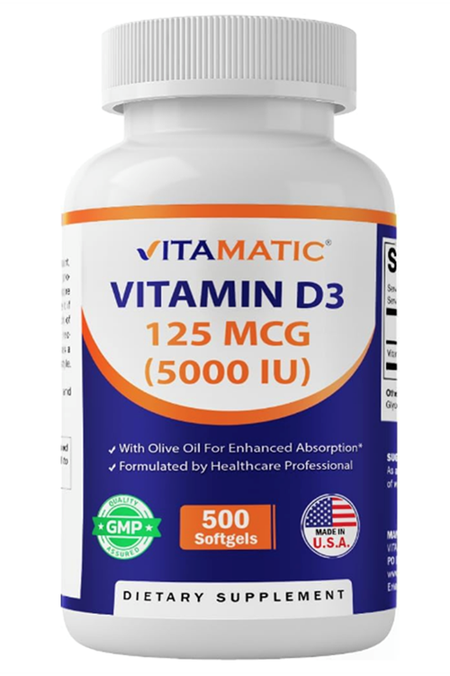 Vitamatic Vitamin D3 5000 IU (125 mcg) – 500 Mini Softgels Olive Oil-Based Formula – Cold-Pressed.Made ın Usa.