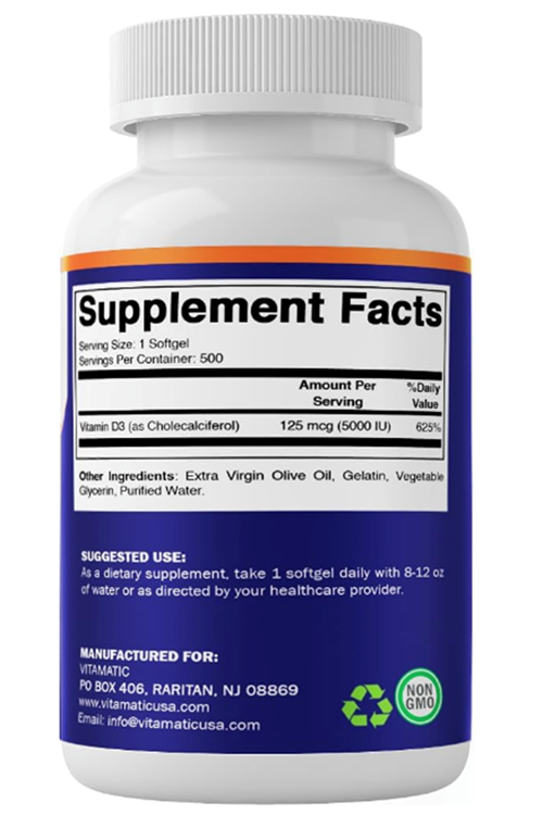 Vitamatic Vitamin D3 5000 IU (125 mcg) – 500 Mini Softgels Olive Oil-Based Formula – Cold-Pressed.Made ın Usa.