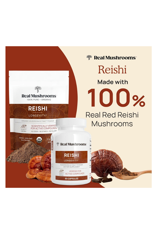 Real Mushrooms Reishi  90 Capsules  Handpicked Organic Mushroom Extracts - Red Reishi for Tranquil Daily Wellness with Verified Beta Glucans Vegan.