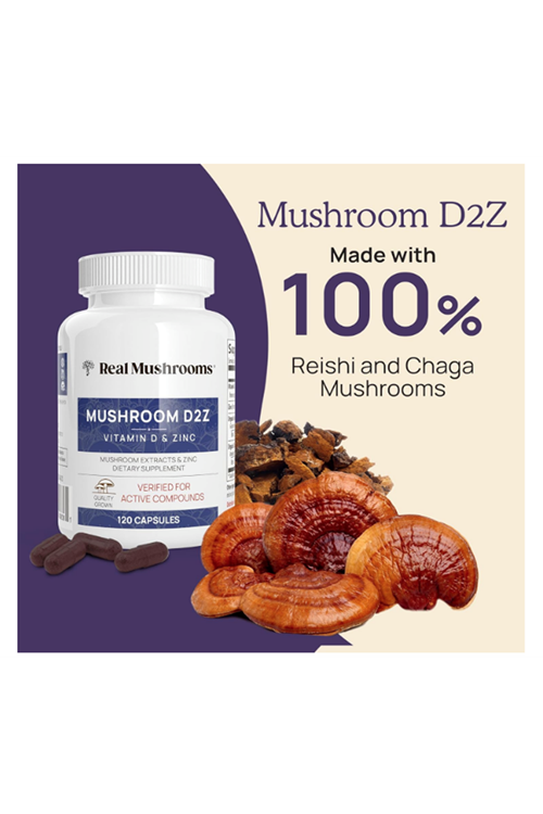 Real Mushrooms Zinc and Vitamin D2 120 Capsules  Organic Chaga and Reishi Mushroom Extracts Vegan Non-GMO Gluten-Free .