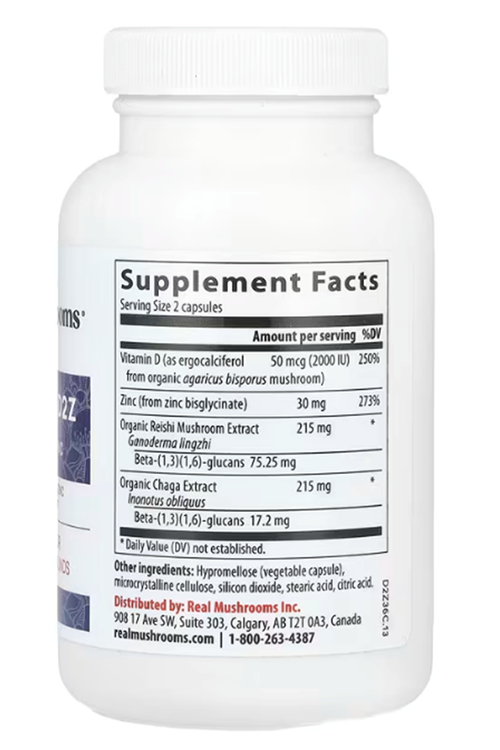Real Mushrooms Zinc and Vitamin D2 120 Capsules  Organic Chaga and Reishi Mushroom Extracts Vegan Non-GMO Gluten-Free .