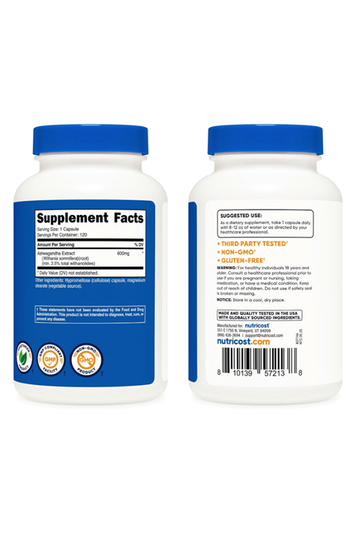 Nutricost Asvaganda Root Extract Herbal Supplement 600mg, 120 Capsules.