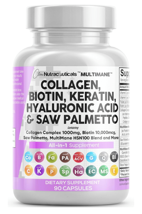 Clean Nutraceuticals Collagen 90 Capsul 1000mg Biotin 10000mcg Keratin Saw Palmetto Hyaluronic Acid - Hair Skin  Nails Vitamins  DHT Blocker with Vitamin E Folic Acid Pumpkin Seed MSM.