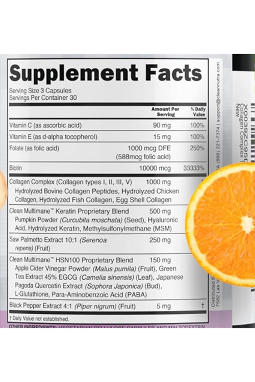 Clean Nutraceuticals Collagen 90 Capsul 1000mg Biotin 10000mcg Keratin Saw Palmetto Hyaluronic Acid - Hair Skin  Nails Vitamins  DHT Blocker with Vitamin E Folic Acid Pumpkin Seed MSM.