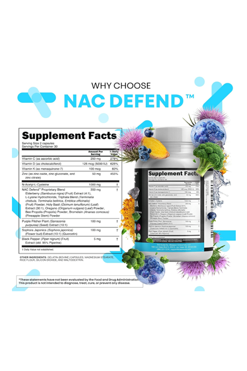 Clean  Nutraceuticals N.A.C N-Acetyl Cysteine 60 Capsul Vitamin D3 K2 Zinc Quercetin Sarracenia Purpurea Immune Support  Elderberry Holy Basil Bee Propolis Bromelain L-Lysine.