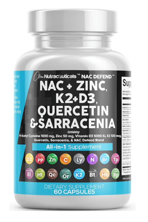 Clean  Nutraceuticals N.A.C N-Acetyl Cysteine 60 Capsul Vitamin D3 K2 Zinc Quercetin Sarracenia Purpurea Immune Support  Elderberry Holy Basil Bee Propolis Bromelain L-Lysine.