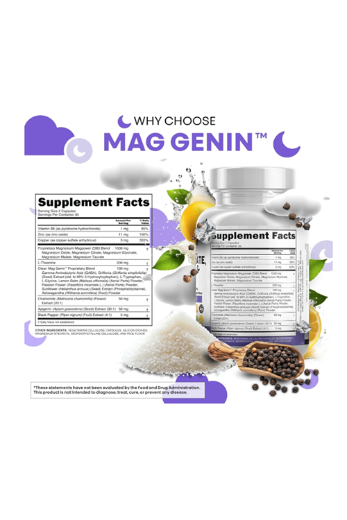 Clean Nutraceuticals Magnesium Glycinate Complex 60 Capsul 1000mg with L-Theanine 200mg Apigenin 50mg Citrate Taurate - 5-HTP GABA Passion Flower Lemon Balm L-Glycine Phosphatidylserine.