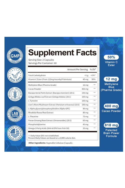 Totaria Healt Methylene Blue 120 Capsul 13 in 1 Upgrade Patented Brain Formula with Vitamin C Ester, Bacopa, Phosphatidylserine, Omega-3 Fatty Acids - Memory, Focus, Clarity, Cognitive.