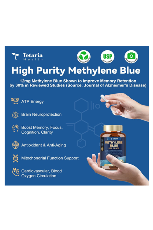 Totaria Healt Methylene Blue 120 Capsul 13 in 1 Upgrade Patented Brain Formula with Vitamin C Ester, Bacopa, Phosphatidylserine, Omega-3 Fatty Acids - Memory, Focus, Clarity, Cognitive.