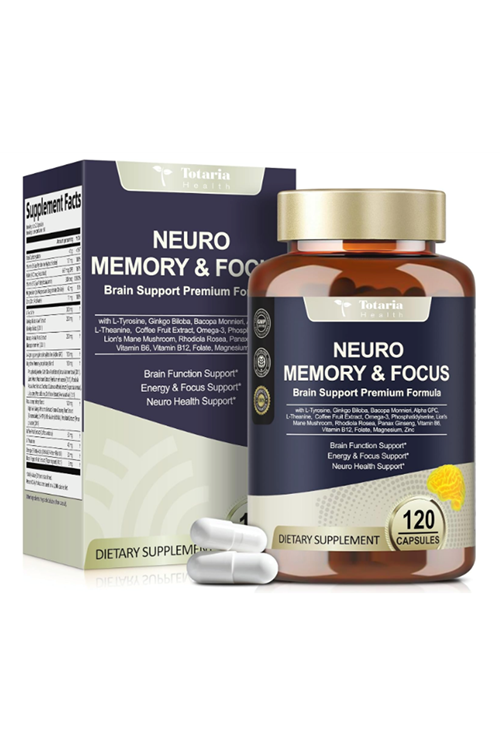 Totaria Healt  Neuro Memory Focus 120 Capsul Brain Health Daily Brain Nootropic Cognitive with L-Tyrosine, Bacopa Monnieri, Ginkgo Biloba, Alpha GPC.