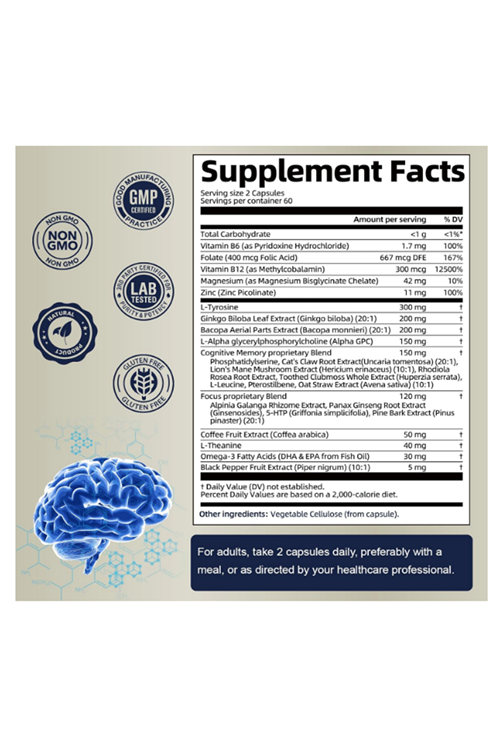 Totaria Healt  Neuro Memory Focus 120 Capsul Brain Health Daily Brain Nootropic Cognitive with L-Tyrosine, Bacopa Monnieri, Ginkgo Biloba, Alpha GPC.