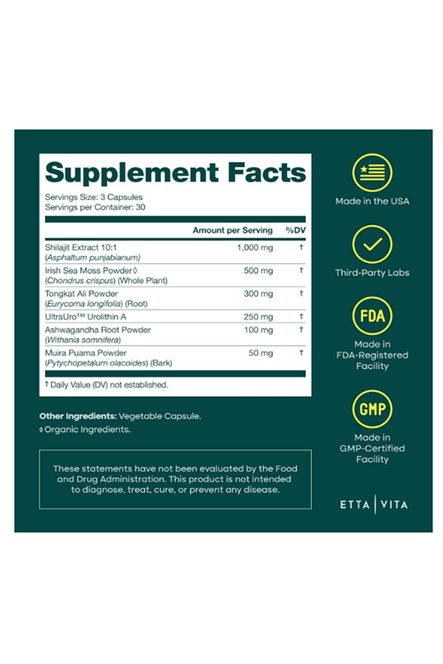 Etta Vita Urolithin-A Complex 90 Capsul Shilajit, Organic Sea Moss Tong kat Ali, Natural Energy, and Focus for Men  Women (Made in USA .