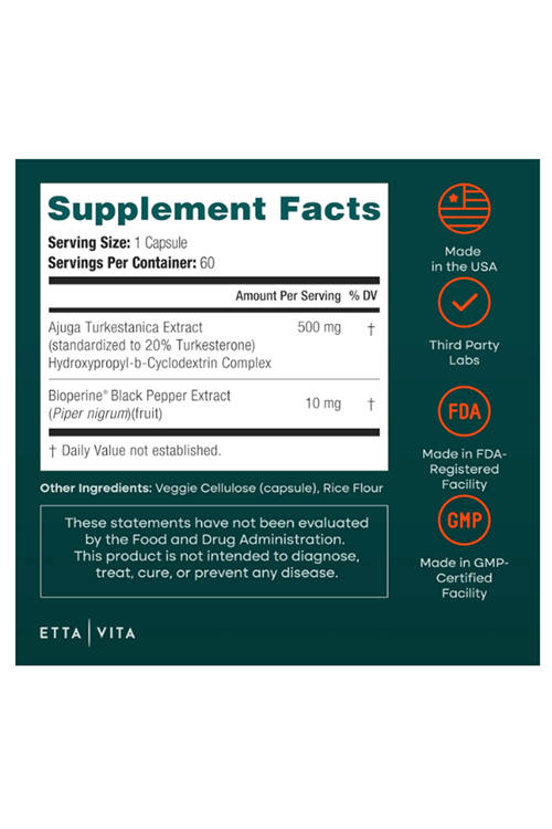 Etta Vita Turkesterone Energy Bioperine ile Yüksek Emilim 60 Capsul.Made ın Usa.