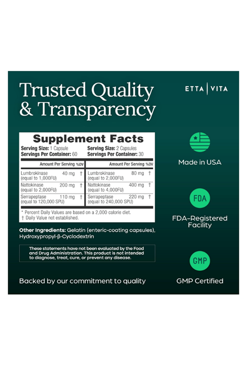 Etta Vita Fibrinolytic Ase Enzymes Lumbrokinase Nattokinase Serrapeptase 60 Slow Release Capsules.Made ın Usa.