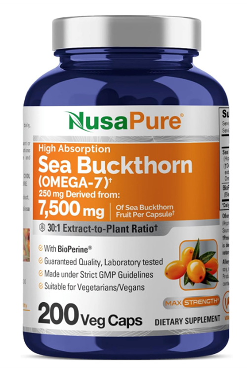 NusaPure Sea Buckthorn Omega-7  30:1 Extract, 250 mg Equivalent to 7,500mg per Veggie 200 Capsules.